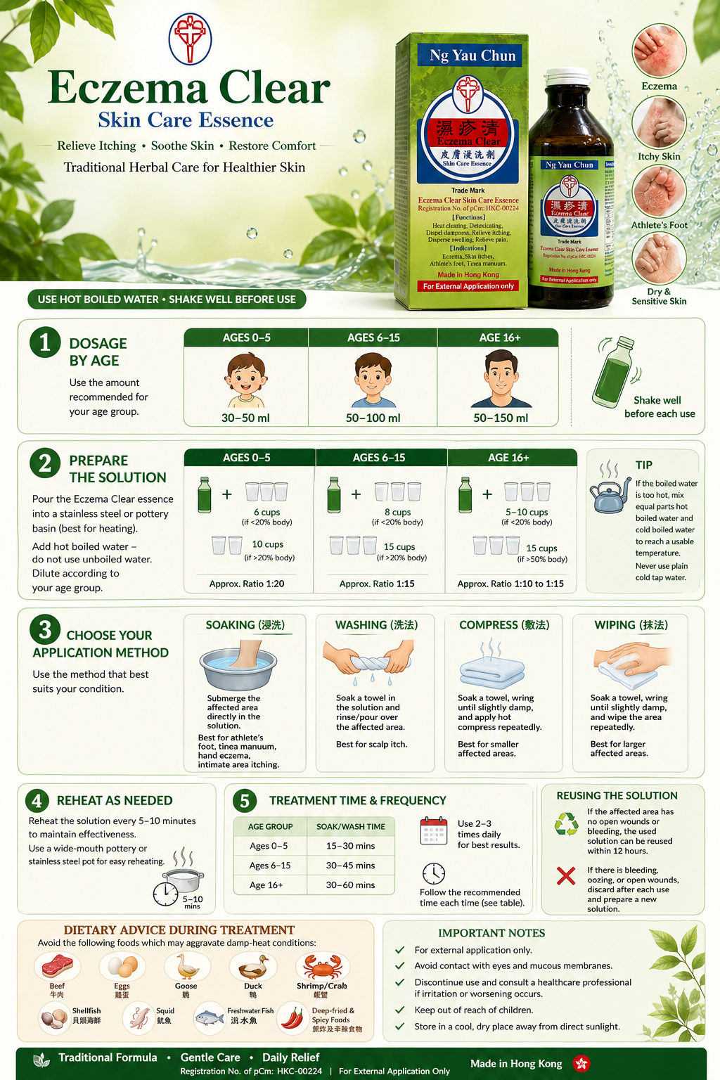 Ng Yau Chun Eczema Clear Skin Care Essence (HKC-00224) usage guide — dosage by age, how to prepare and dilute the solution, application methods (soaking, washing, compress, wiping), treatment time and frequency, and dietary advice.