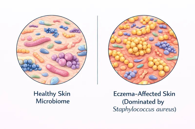 Illustration comparing a healthy skin microbiome, showing a diverse mix of many different bacteria, with eczema-affected skin dominated by clusters of Staphylococcus aureus.